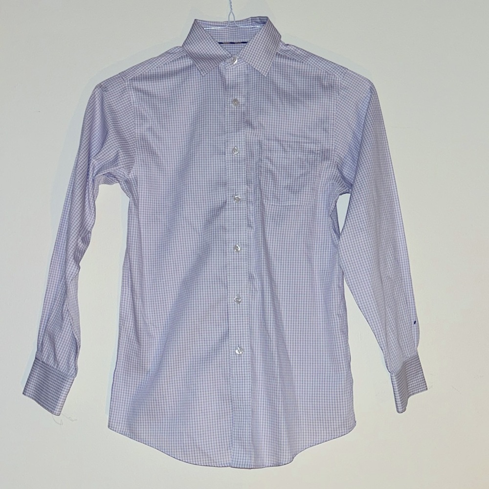 White and purple striped button up shirt